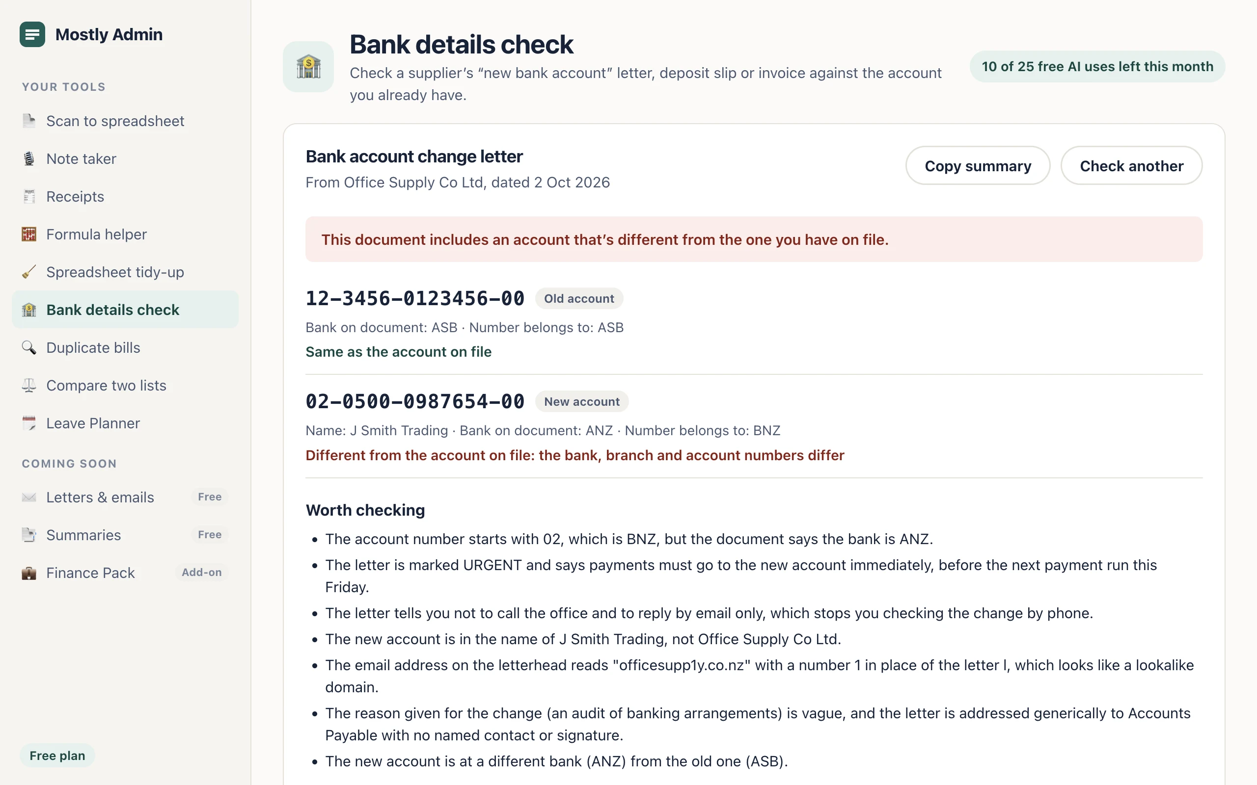 Bank details check: a 'new bank account' letter whose account differs from the one on file, with warning signs listed, including a lookalike email address