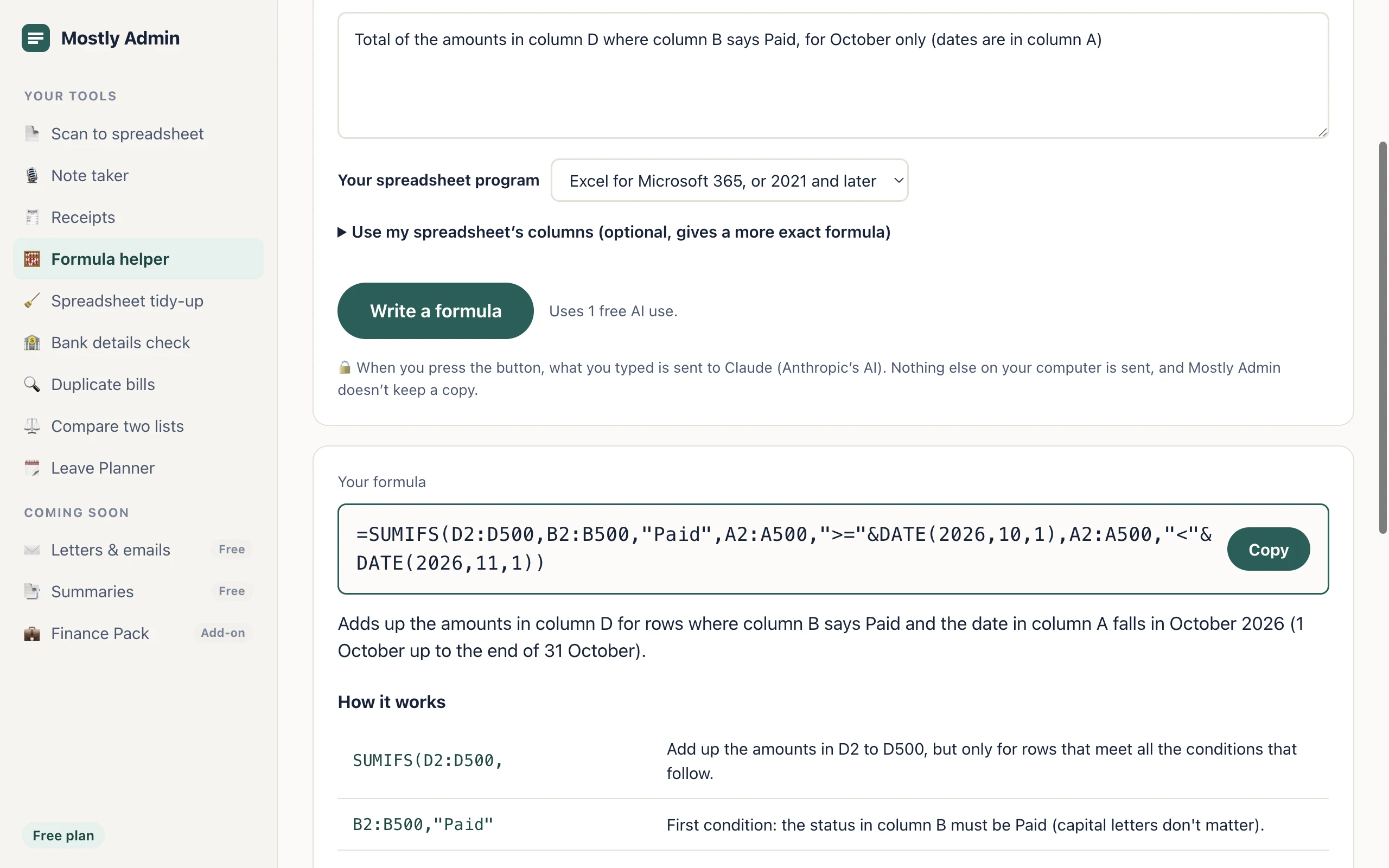 Formula helper: a request in plain English, and the SUMIFS formula it wrote, with each part explained