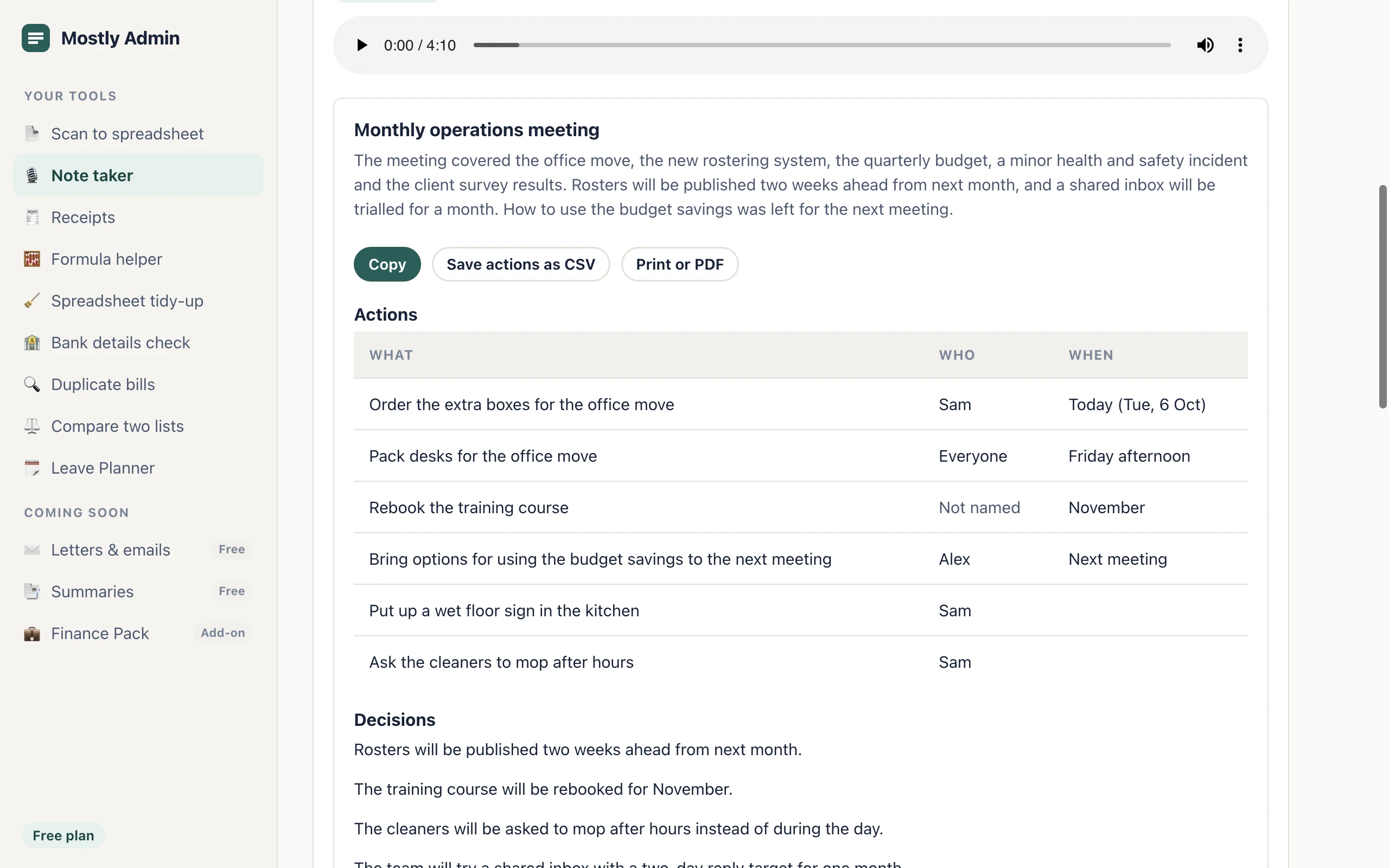 Meeting minutes written from a recording: a summary, then a table of actions with who is doing each one and when, then the decisions made